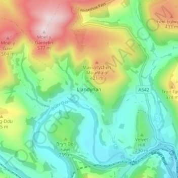 Mapa topográfico Llandynan, altitud, relieve