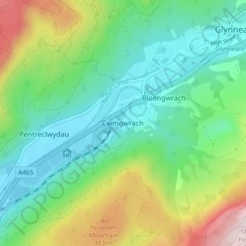 Mapa topográfico Cwmgwrach, altitud, relieve