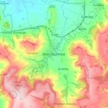 Mapa topográfico Winchcombe, altitud, relieve