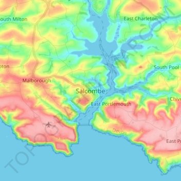Mapa topográfico Salcombe, altitud, relieve
