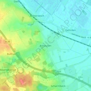 Mapa topográfico Ashausen, altitud, relieve