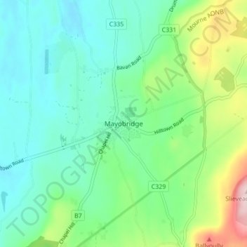 Mapa topográfico Mayobridge, altitud, relieve