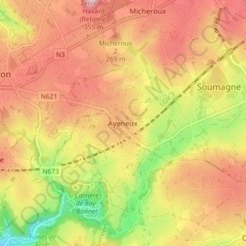 Mapa topográfico Ayeneux, altitud, relieve
