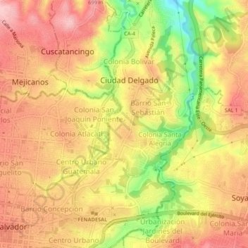 Mapa topográfico Colonia Acolhuatán, altitud, relieve