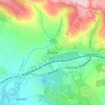 Mapa topográfico Brynna, altitud, relieve