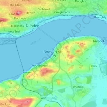 Mapa topográfico Newport-on-Tay, altitud, relieve