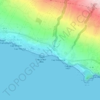 Mapa topográfico Anse les Bas, altitud, relieve