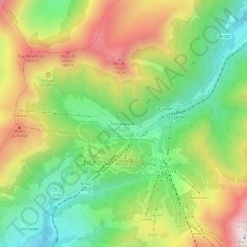 Mapa topográfico Font d'Alagnon, altitud, relieve
