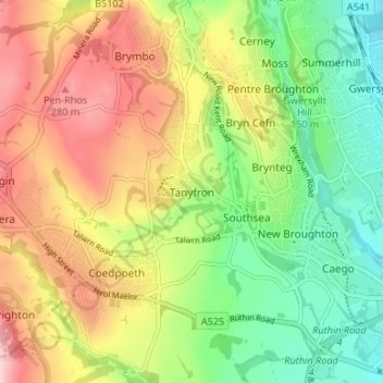 Mapa topográfico Tanyfron, altitud, relieve