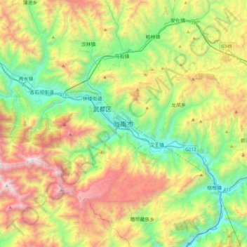 Mapa topográfico Longnan, altitud, relieve