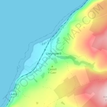 Mapa topográfico Llwyngwril, altitud, relieve
