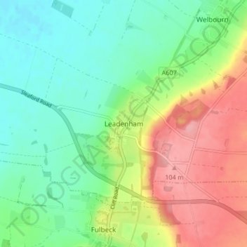 Mapa topográfico Leadenham, altitud, relieve