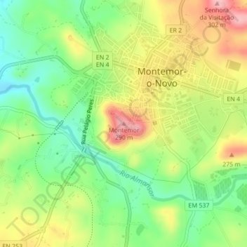 Mapa topográfico Montemor, altitud, relieve