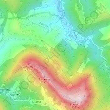 Mapa topográfico Lasarte, altitud, relieve