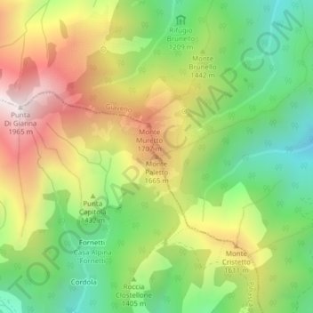 Mapa topográfico Monte Paletto, altitud, relieve