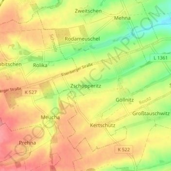 Mapa topográfico Zschöpperitz, altitud, relieve