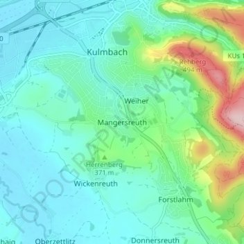Mapa topográfico Mangersreuth, altitud, relieve
