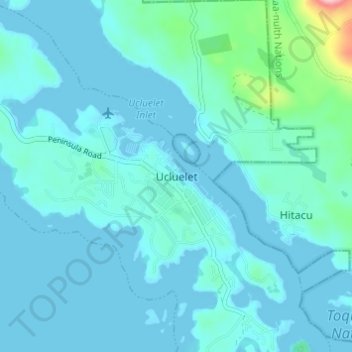 Mapa topográfico Ucluelet, altitud, relieve