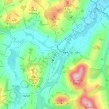 Mapa topográfico Town Yetholm, altitud, relieve