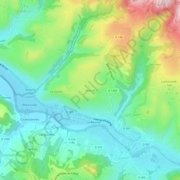 Mapa topográfico Alayrac, altitud, relieve