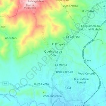 Mapa topográfico Quebrada de Cúa, altitud, relieve