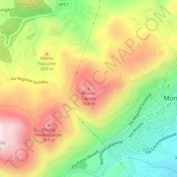 Mapa topográfico Monte Caputo, altitud, relieve