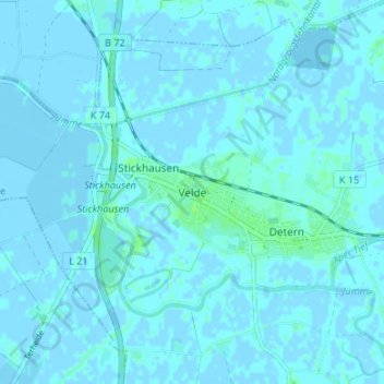 Mapa topográfico Velde, altitud, relieve