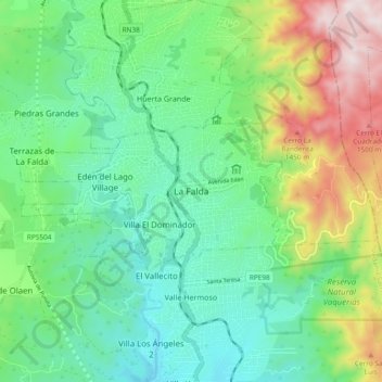 Mapa topográfico La Falda, altitud, relieve