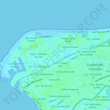 Mapa topográfico Colonia Miami, altitud, relieve