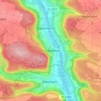Mapa topográfico Plankstetten, altitud, relieve