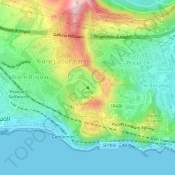 Mapa topográfico Campi Flegrei, altitud, relieve