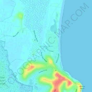 Mapa topográfico Lennox Head, altitud, relieve