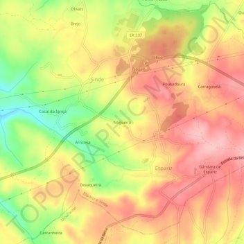 Mapa topográfico Nogueira, altitud, relieve