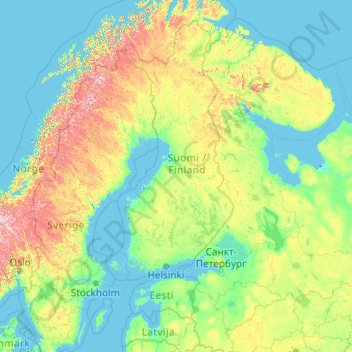 Mapa topográfico Finlândia, altitud, relieve