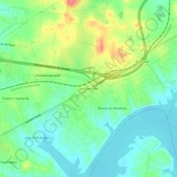 Mapa topográfico Saundersville, altitud, relieve