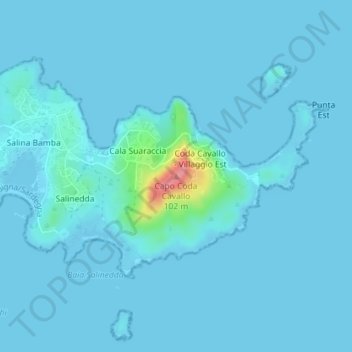 Mapa topográfico Capo Coda Cavallo, altitud, relieve