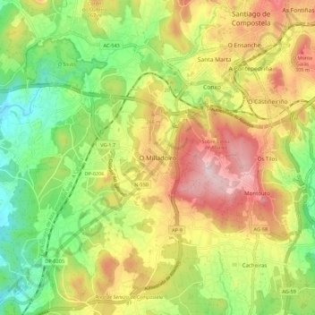 Mapa topográfico O Milladoiro, altitud, relieve