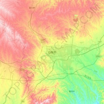 Mapa topográfico Baiyin, altitud, relieve