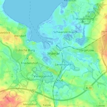 Mapa topográfico Wismar, altitud, relieve