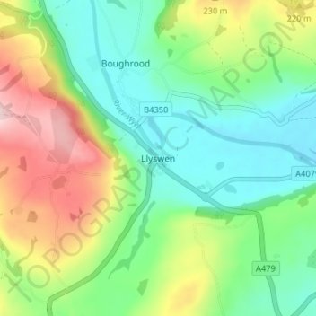 Mapa topográfico Llyswen, altitud, relieve