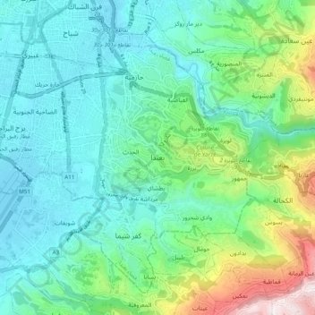 Mapa topográfico Baabda, altitud, relieve