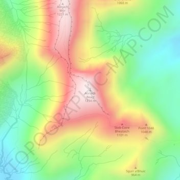 Mapa topográfico Aonach Beag, altitud, relieve
