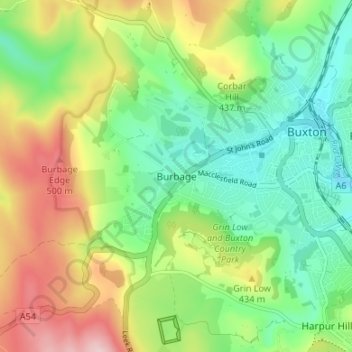 Mapa topográfico Burbage, altitud, relieve