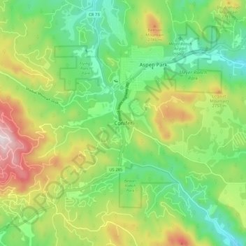 Mapa topográfico Conifer, altitud, relieve