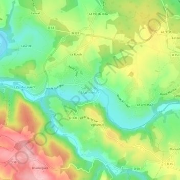 Mapa topográfico Sansac-de-Marmiesse, altitud, relieve