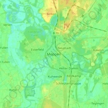 Mapa topográfico Meppen, altitud, relieve