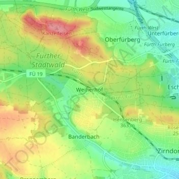 Mapa topográfico Weiherhof, altitud, relieve