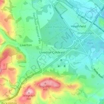 Mapa topográfico Liverton Coldeast, altitud, relieve