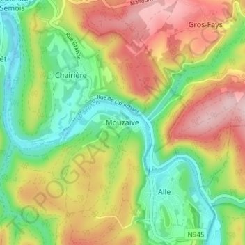Mapa topográfico Mouzaive, altitud, relieve