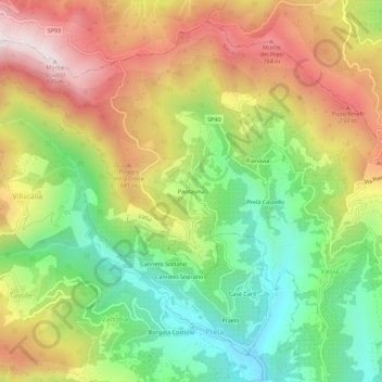 Mapa topográfico Pantasina, altitud, relieve